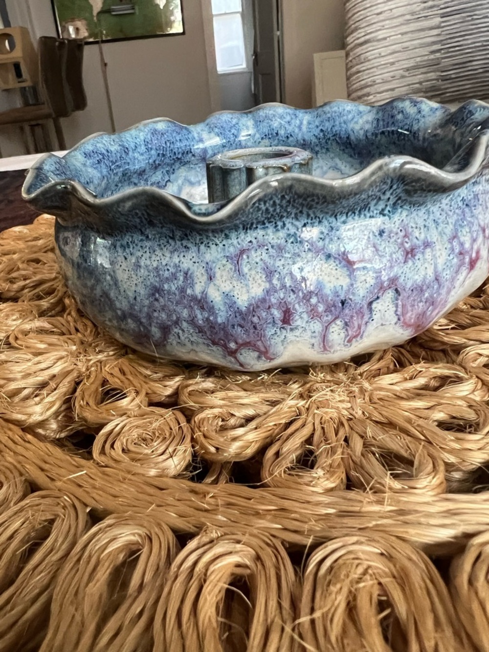Handmade Blue Glazed Ceramic Flower Frog Vase Studio Pottery Bud Bowl 7” - Picture 8 of 9
